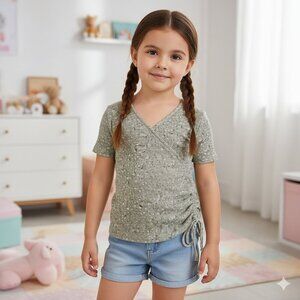 Art Class Girl's Size S (6/6X) Green Floral Ribbed Faux Wrap Short Sleeve Top